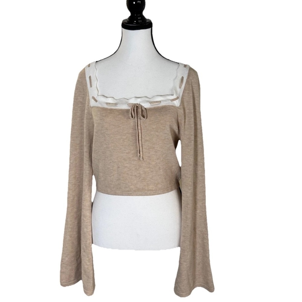 Dee Elly Beige Cropped Sweater Top Bell Sleeve Square Neckline *XL Coquette NWOT